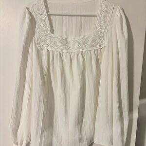 SHEIN White Textured Blouse with Crochet Trim